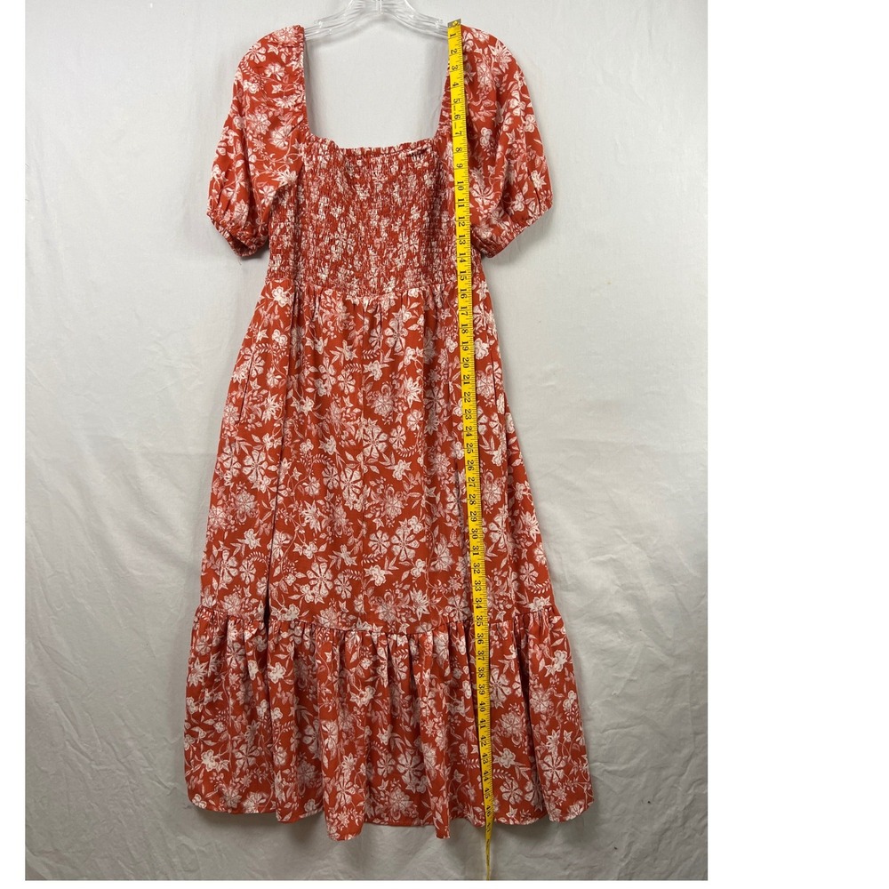 Melrose and Market Floral Smocked Midi Dress Women Large Orange Puff Sleeve Boho - Picture 5 of 10
